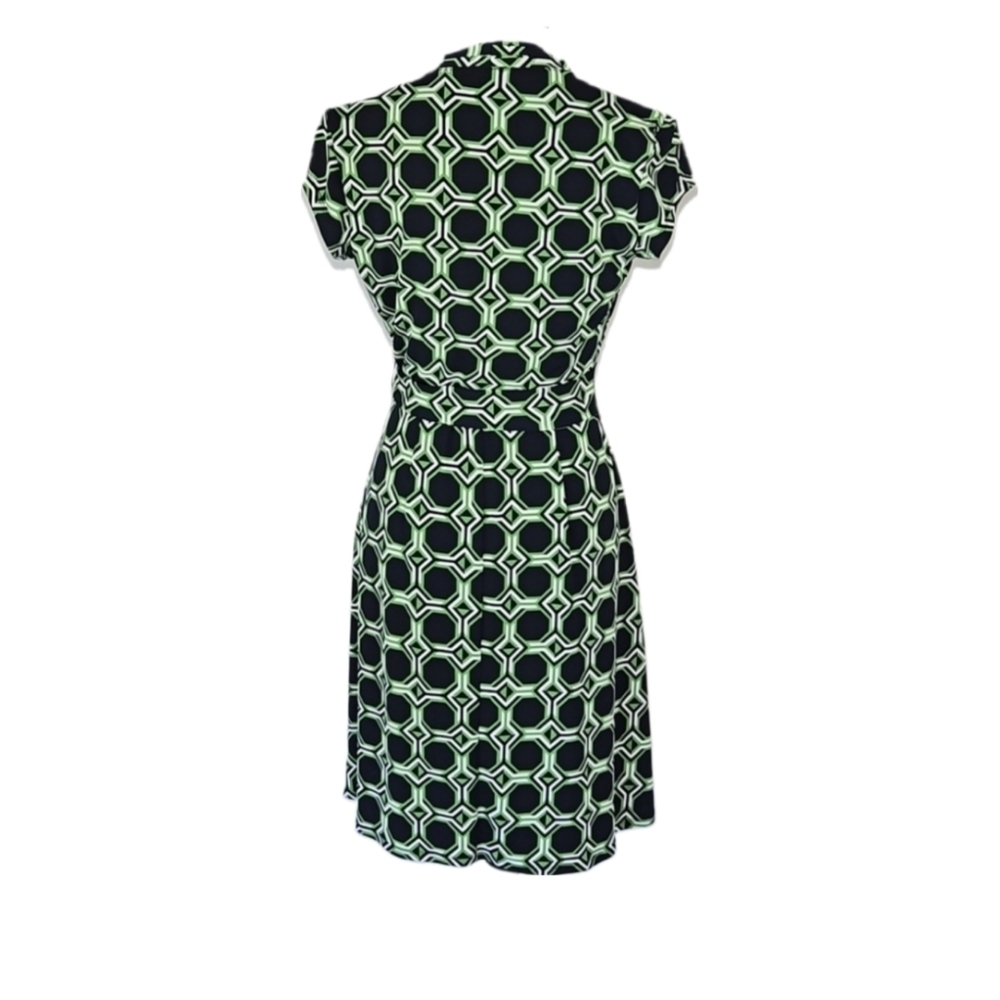 Liz Claiborne Wrap Dress with Belt in Green & Black & White Geo Print, S - Picture 3 of 6
